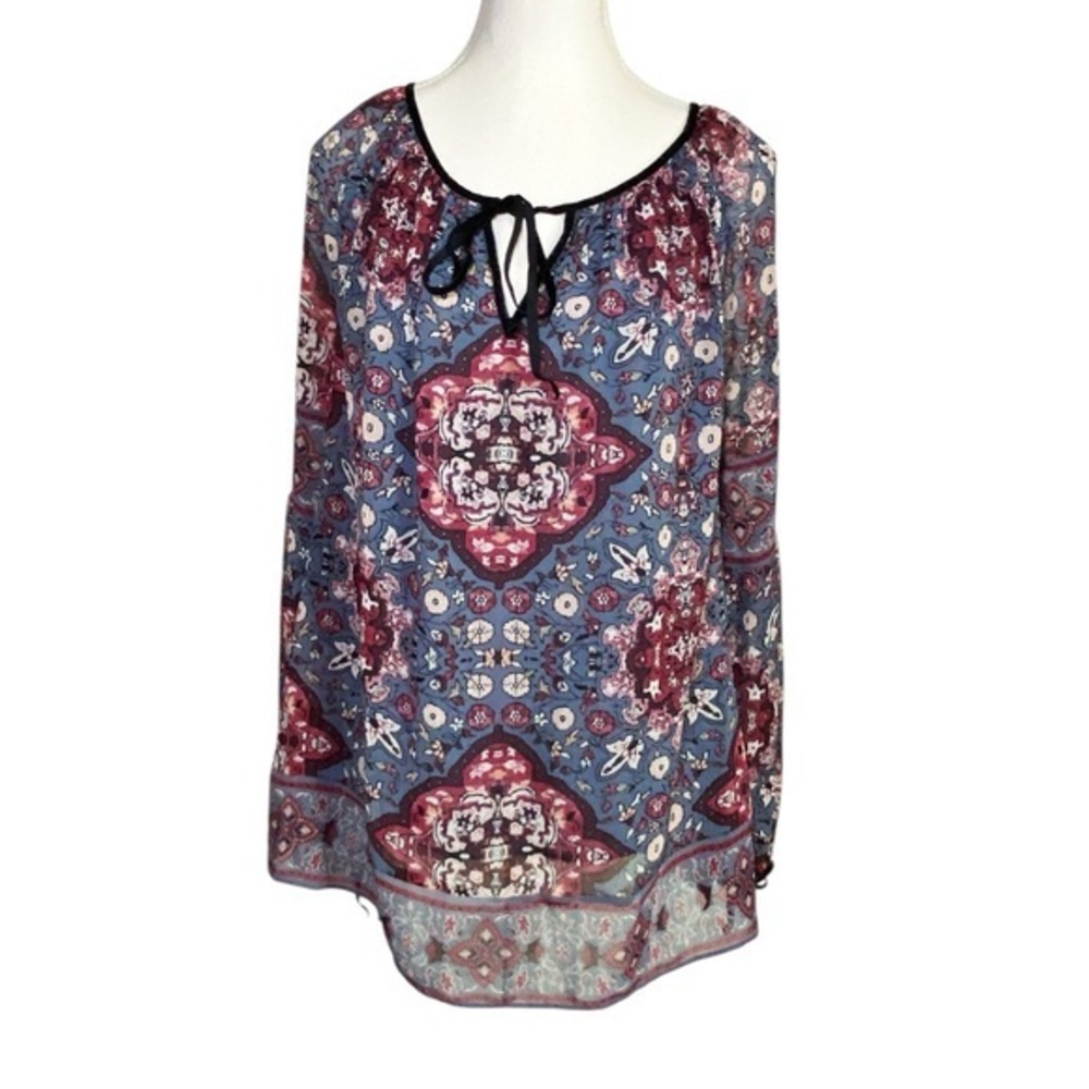 White House Black Market Blue and Red Patterned Peasant Blouse
